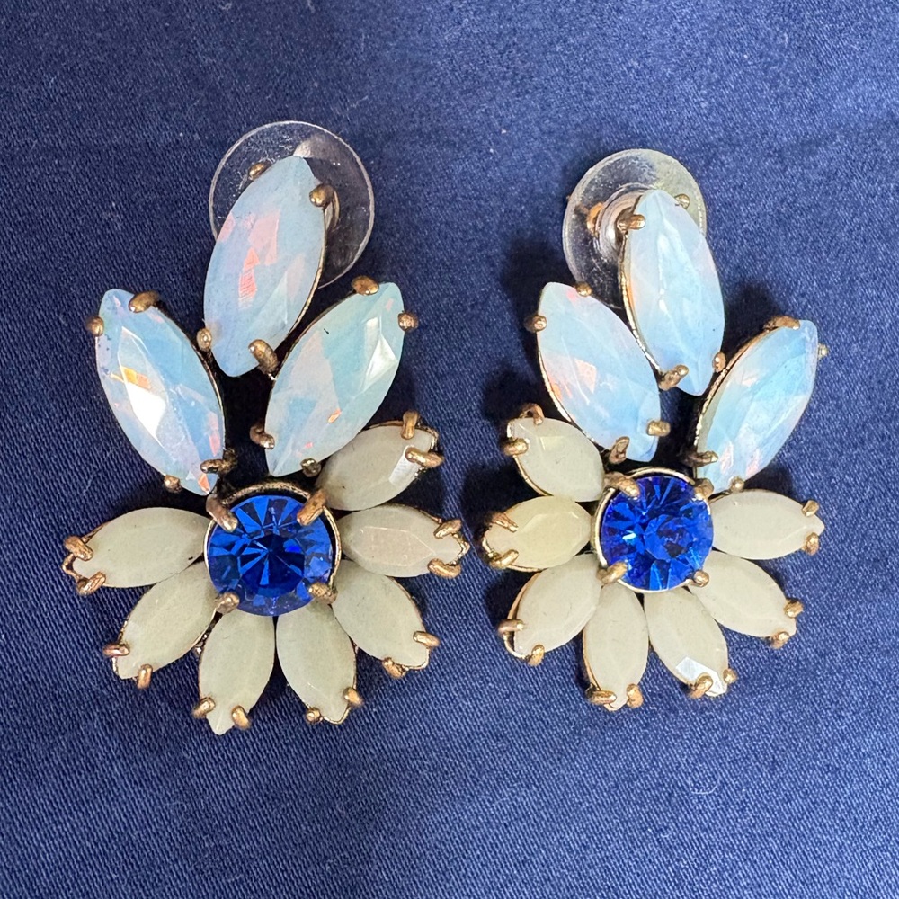 J Crew Blue and White Crystal Floral Drop Earrings - NWOT